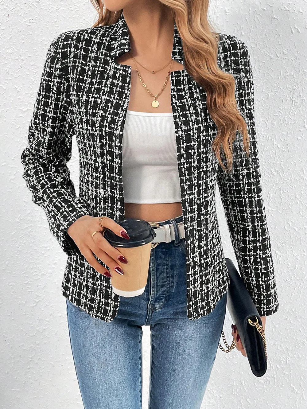 Blazer xadrez tweed manga comprida com gola aberta frontal casual jaqueta de festa de escritório roupas vintage para mulheres
