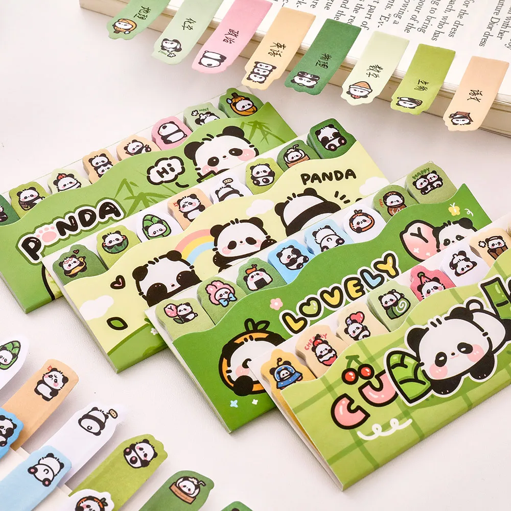 Cartoon Pandas Standing in Rows on Sticky Notes. Students Post Cute Messages and Note Index Stickers for N Times. Notepad