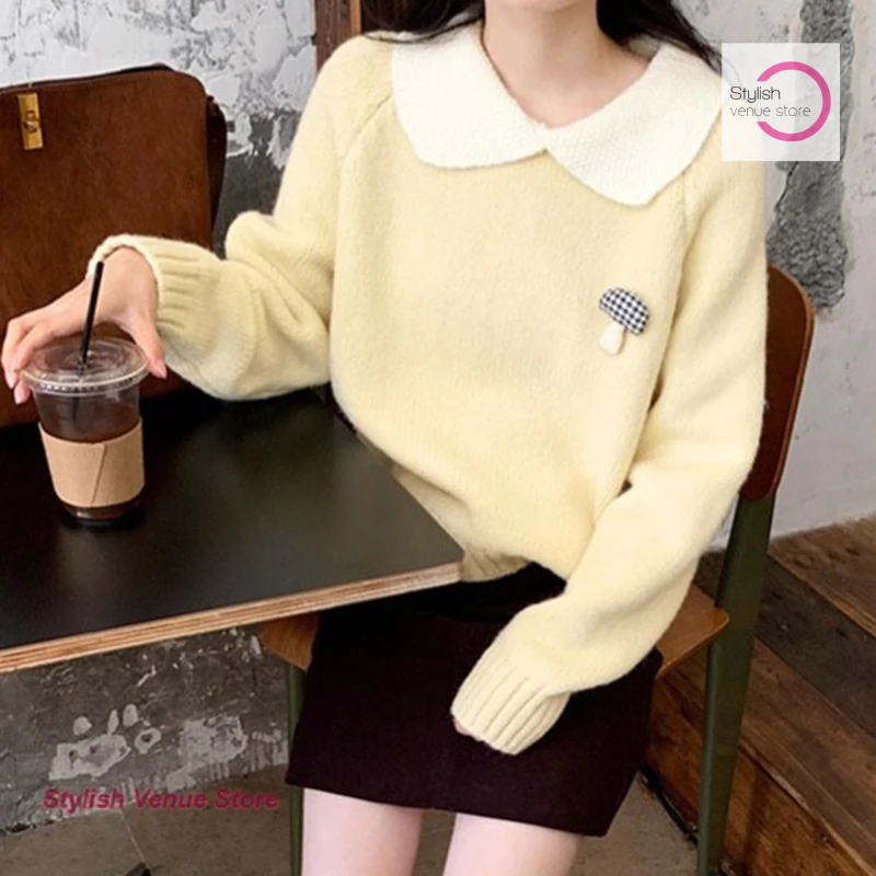 

Korean gentle Joker loose sweater women's autumn and winter new cute doll collar small mushroom thick short student sweater