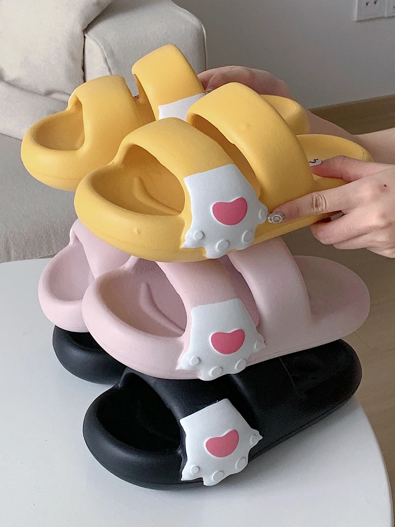 Women Cute Cat Claw Double Strap Thick Sole Slippers For Summer Indoor And Outdoor Versatile Anti Slip Beach Slippers For Women