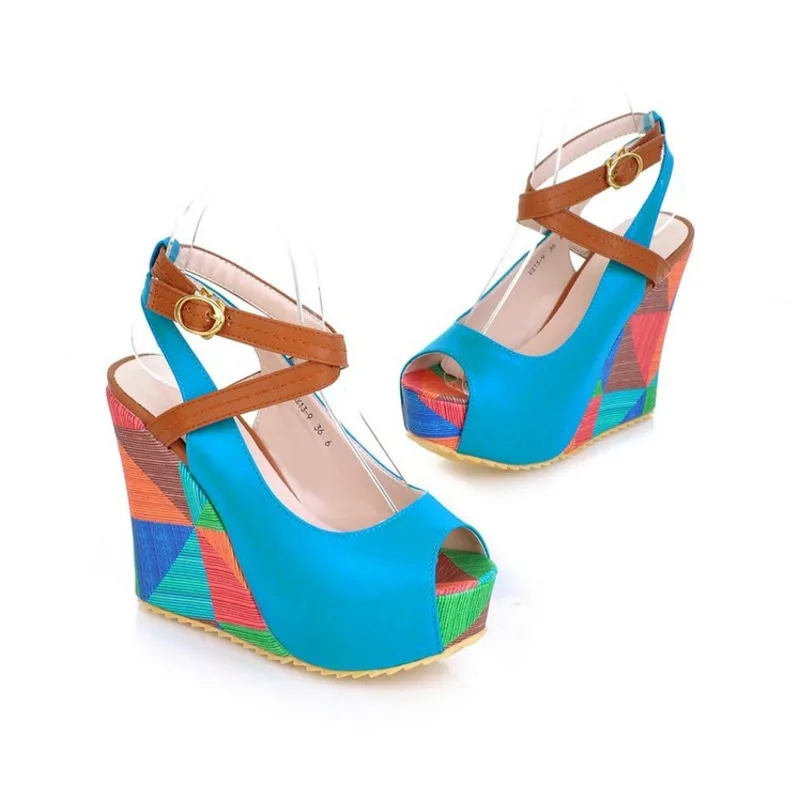 New Arrival Handmade Hot Sale Ladies Wedges Heels Sandals Buckle Strap Peep-toe Patchwork Summer Spring Evening Fashion Shoes