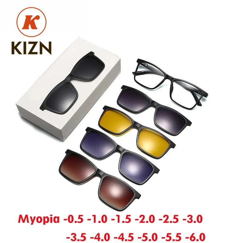 

KIZN 1 Frame +5 clips Square Magnetic Sunglasses Fashion Spectacles Men Women Polarized Custom Prescription Glasses -0.5 TO -6.0