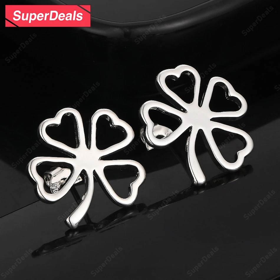 

SuperDeals 925 Sterling Silver Hollow Four Leaf Clover Stud Earrings Cute Jewelry Women Charm Wedding Happy Party Birthday Gift