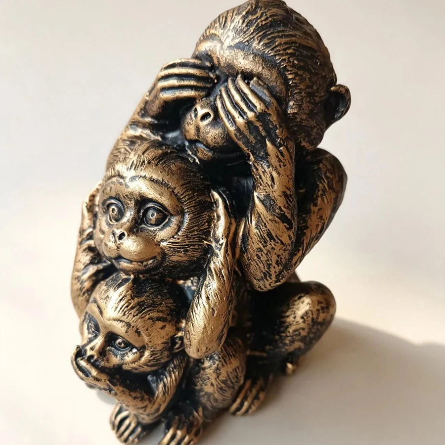 Mini Retro Brass Creative Cute 3-Monkeys Sitting Statue Animal Sculpture Home Office Desk Decorative Ornament Funny Gift