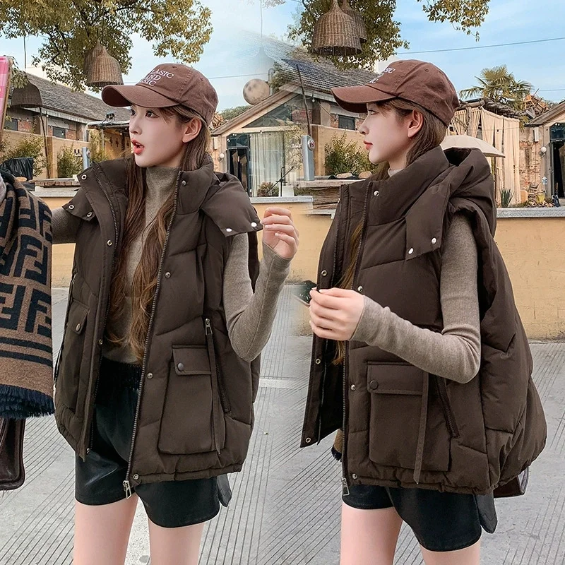 Moda inverno com capuz colete quente feminino inchado sem mangas jaquetas engrossar para baixo algodão chaleco 2025 moda colete