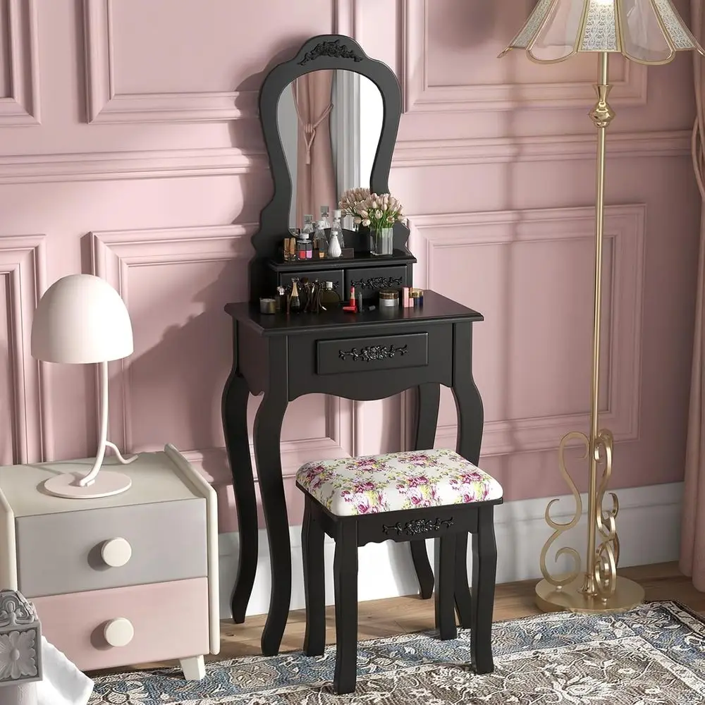 

Compact Black Makeup Vanity Set with Mirror, Cushioned Stool, 3 Drawers, Ideal for 20 Inch Dressing Table or Small Bedroom Space