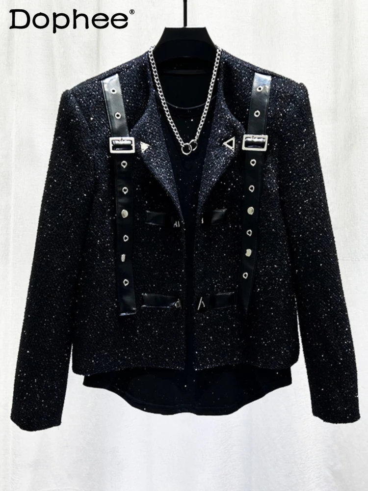 

New Metal Leather Splicing Strap Chic Jackets Men's 2025 Spring New Personality Trendy Fashion Jacket Small Fragrant Black Coats