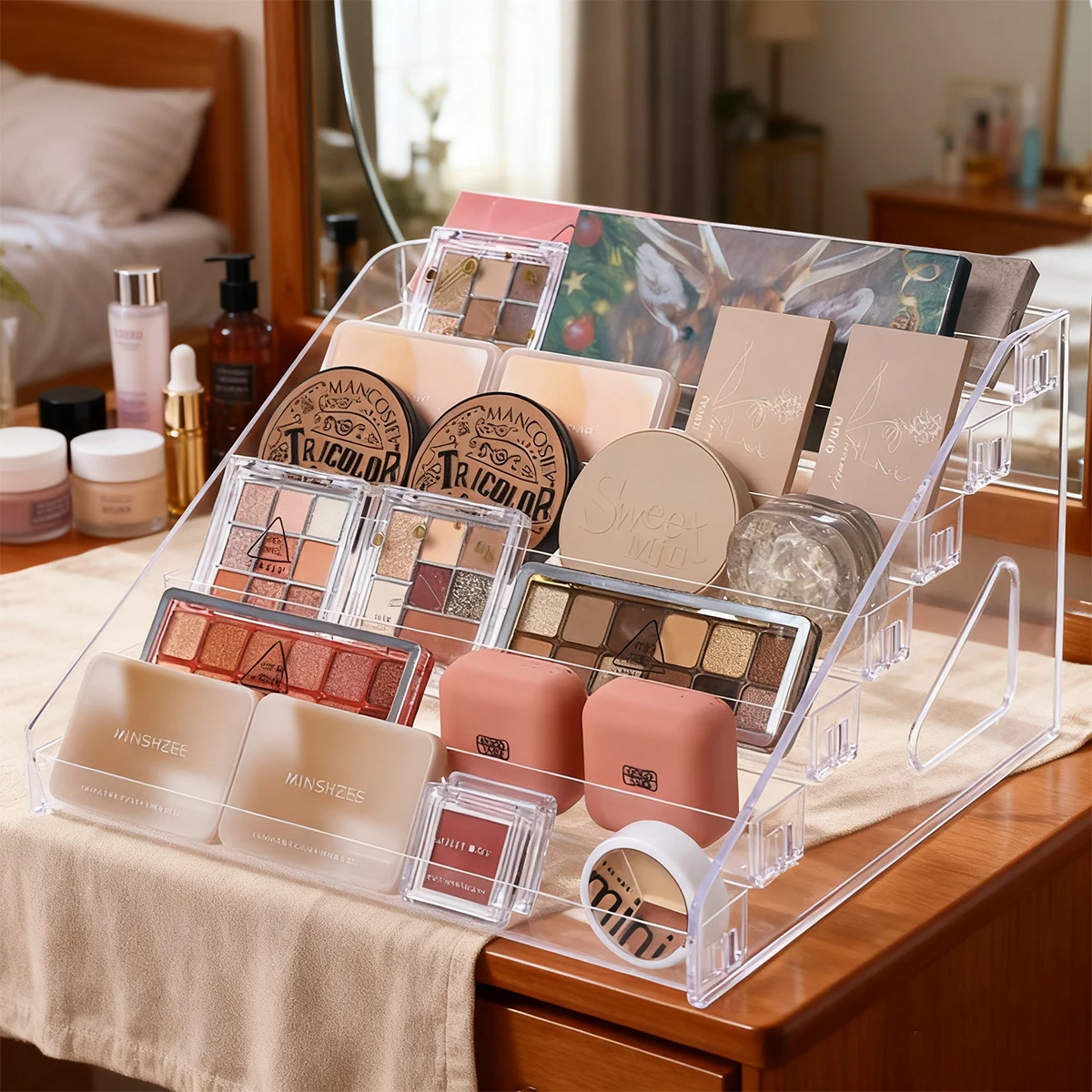 قطعة واحدة من رف عرض مستحضرات التجميل متعدد الطبقات من الأكريليك المتدرج، منظم سطح المكتب المحمول، صندوق تخزين صينية ظلال العيون