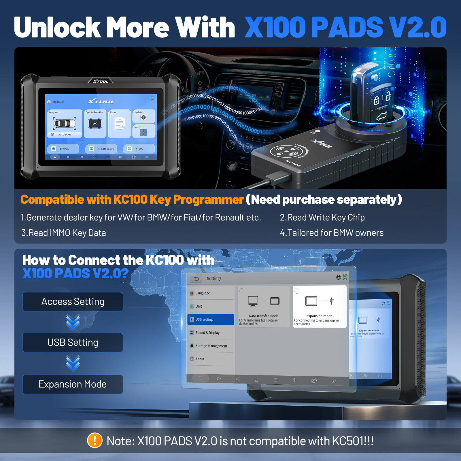 Picture 5: XTOOL X100PADS Key Programming Tools For All Key Lost/ Add Keys/ Key Generation Auto Programmer Key Matching Full System Car Diagnostic Tool OBD2 Scanner 32+ Reset FCA Automotive DoIP CANFD 2 Years Free Update