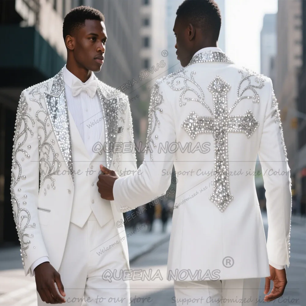 Trajes de boda con cuentas de cristales para hombre, trajes ajustados con lentejuelas brillantes, chaquetas para graduación, esmoquin personalizado para banquete y novio 2026