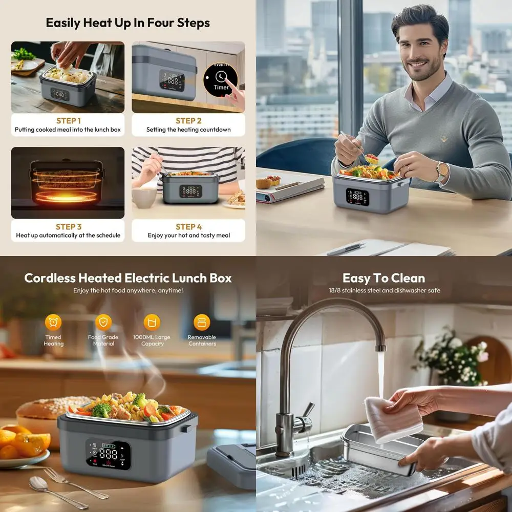 

Rechargeable Electric Heated Lunch Box 1L, Insulated Bag, Fork, Spoon, Ideal for Men Women, Car, Travel, Office Use (Grey)