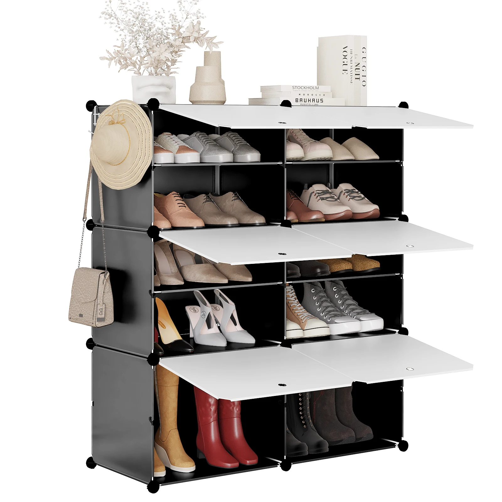 WOLTU Schuhaufbewahrungsbox, Schuhschrank mit 6 Fächern, Türen, modulares Schuhregal aus Kunststoff für Flur, Wohnzimmer, Schlafzimmer
