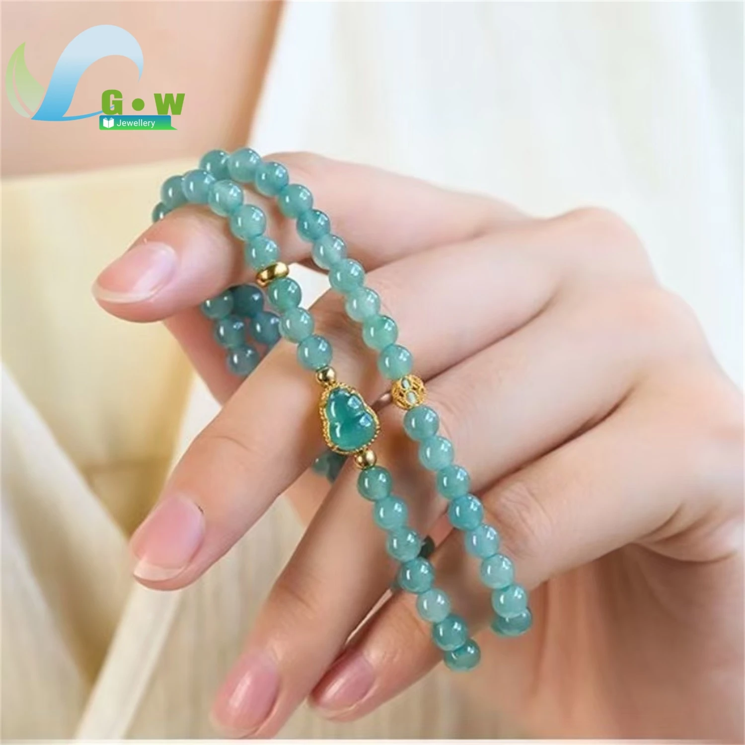 Natural Blue Water Jadeite Ice Type Gourd Bracelet Women Gemstone Beaded Wristband Handmade Jewelry Daily Wear Charm Gift For