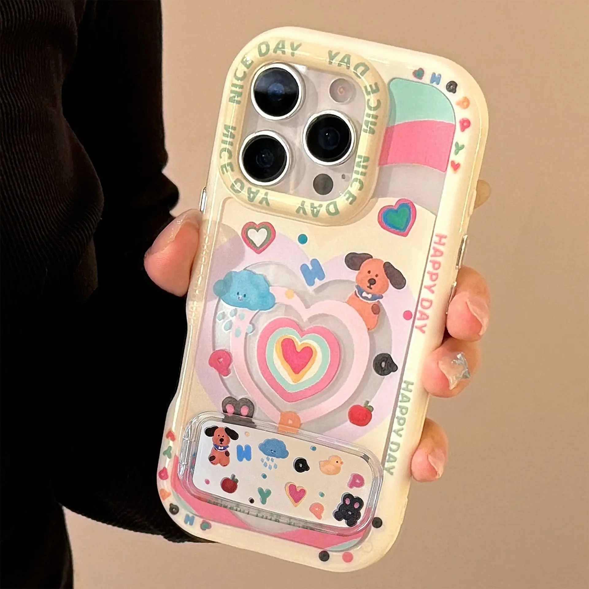 

Dopamine Love Puppy Mirror Bracket Suitable Mobile Phone Case For iPhone15/16por max Phone Case For iPhone14/13pro