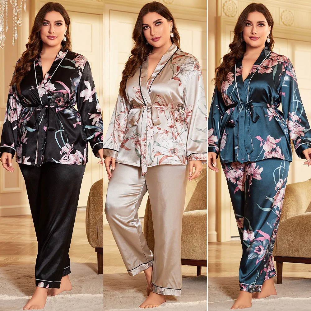 

Fashion Printed Lace Up Plus Size Pajamas for Women Ice Silk Long Sleepwear Set Sexy Home Wear Casual Imitation Silk Nightgowns