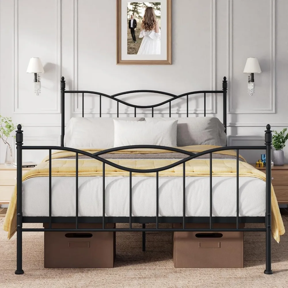 Cadre de lit queen size avec tête de lit, sommier de matelas à plateforme en métal de 14 pouces de haut avec pied de lit, rangement sous le lit