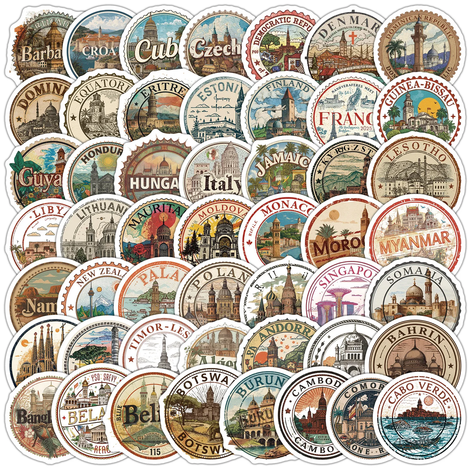 50pcs Country Stamp Graffiti Stickers Decorate Phone Back Card Trunk Water Cup Cute Cat Stickers Waterproof DIY Decorations Gift