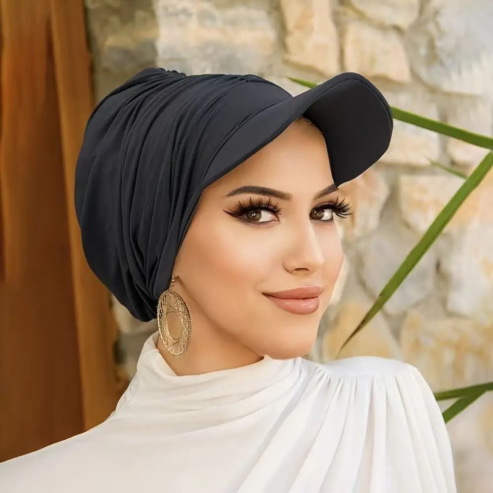 Muslim Women Wide Brim Visor Hat Pre-Tied Sunscreen Turban Baseball Cap Headscarf Hijab Outdoor Bonnet Head Wrap Turbante Mujer