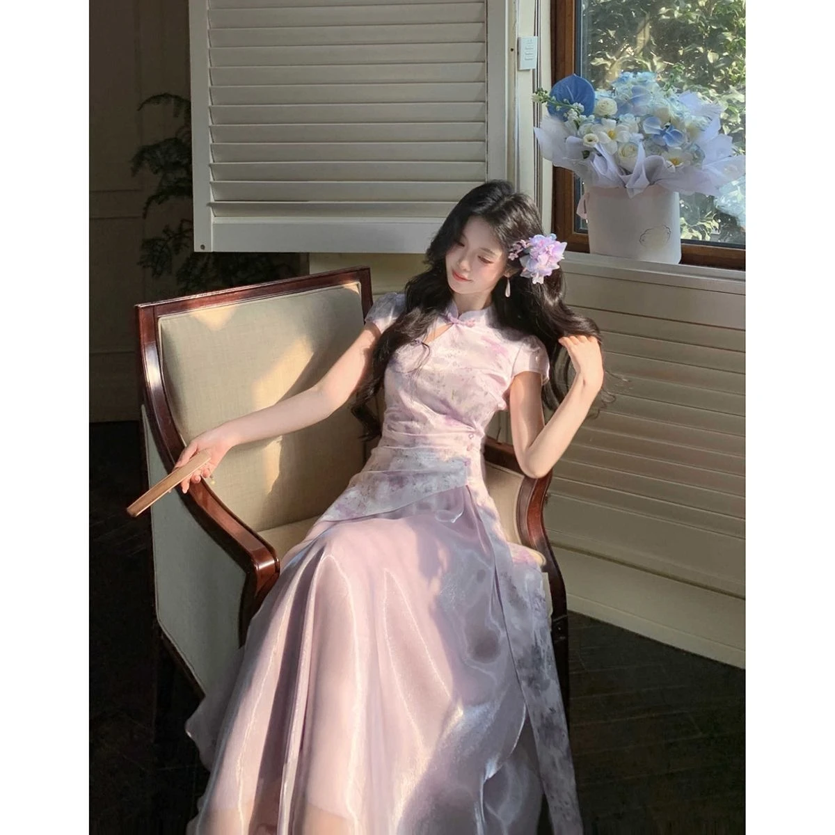 New Chinese Style Improved National Style Versatile Dark Pattern Printed Cheongsam Women Waist-cinching Fairy Gauze Dress