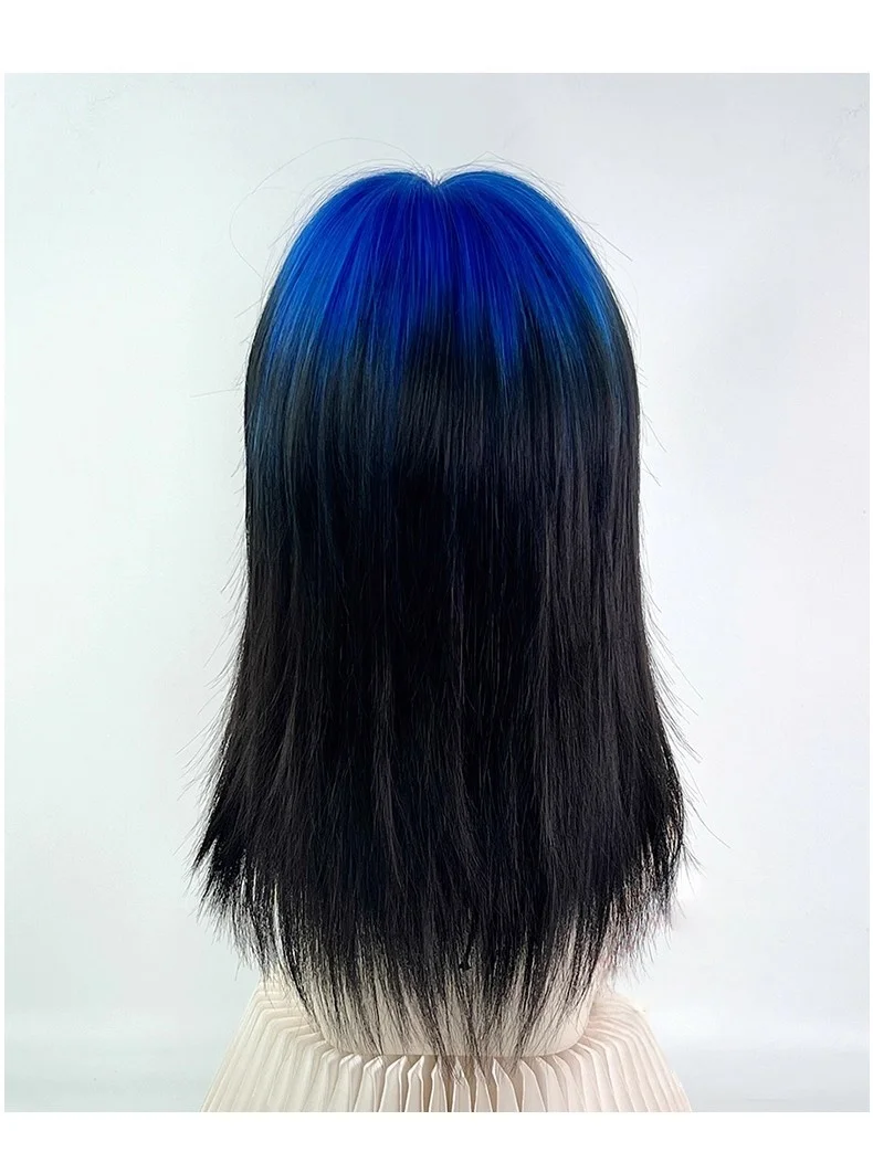 Y2K Cosplay Korte Blauwe Hoogtepunten Pruik Subcultuur Kleurverloop Wolf Staart Haar Pruik met Pony Hittebestendig