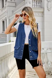 Denim kobiety kamizelka luksusowa moda zgrywanie jesień kurtka dżinsowa bez rękawów luźny krótki płaszcz przyczynowe kamizelki kowbojski zbiornik wysokiej jakości