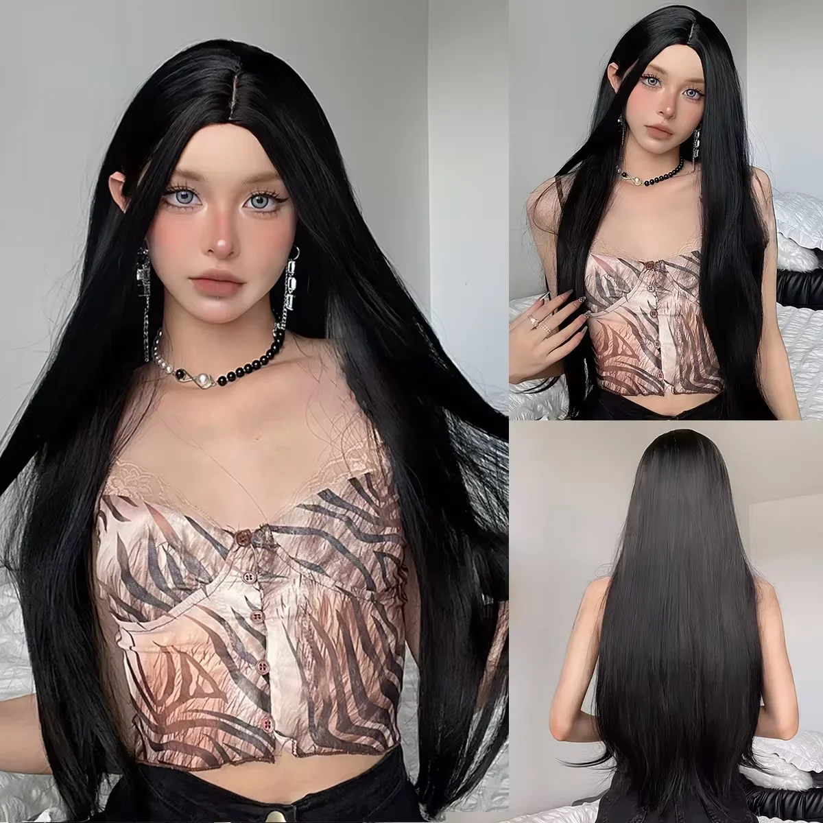 QQXCAIW длинные черные прямые парики из синтетических волос женские Хэллоуин аниме костюм термостойкий парик черные коричневые парики