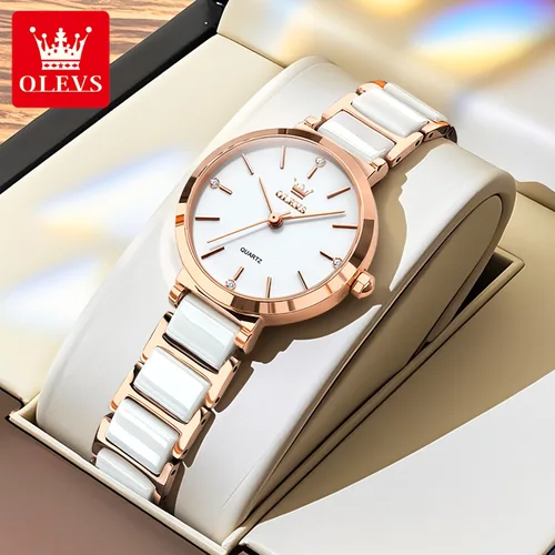 Imagen 2 del producto OLEVS 5877 Reloj elegante a la moda para mujer, Reloj de cuarzo con correa de cerámica, conjunto luminoso resistente al agua para mujer, Reloj de pulsera Original