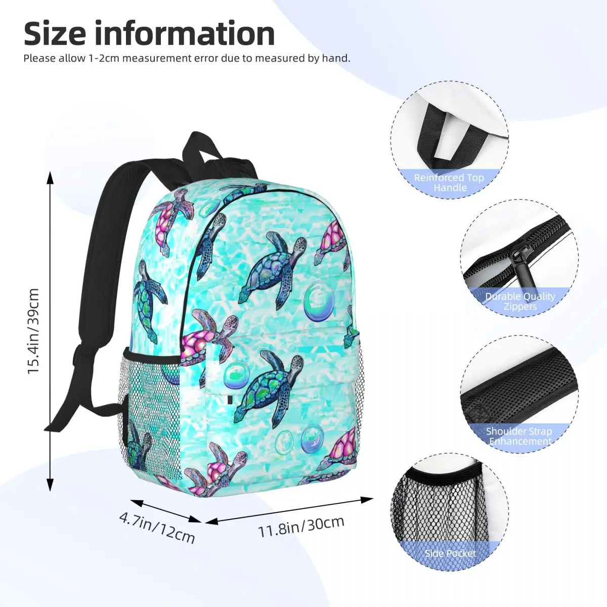 Watercolor Sea Vibrant Rainbow Turtle Backpack Daypack Large Capacity Boys Girls BookBag Shoulder Bags for Children School Bag