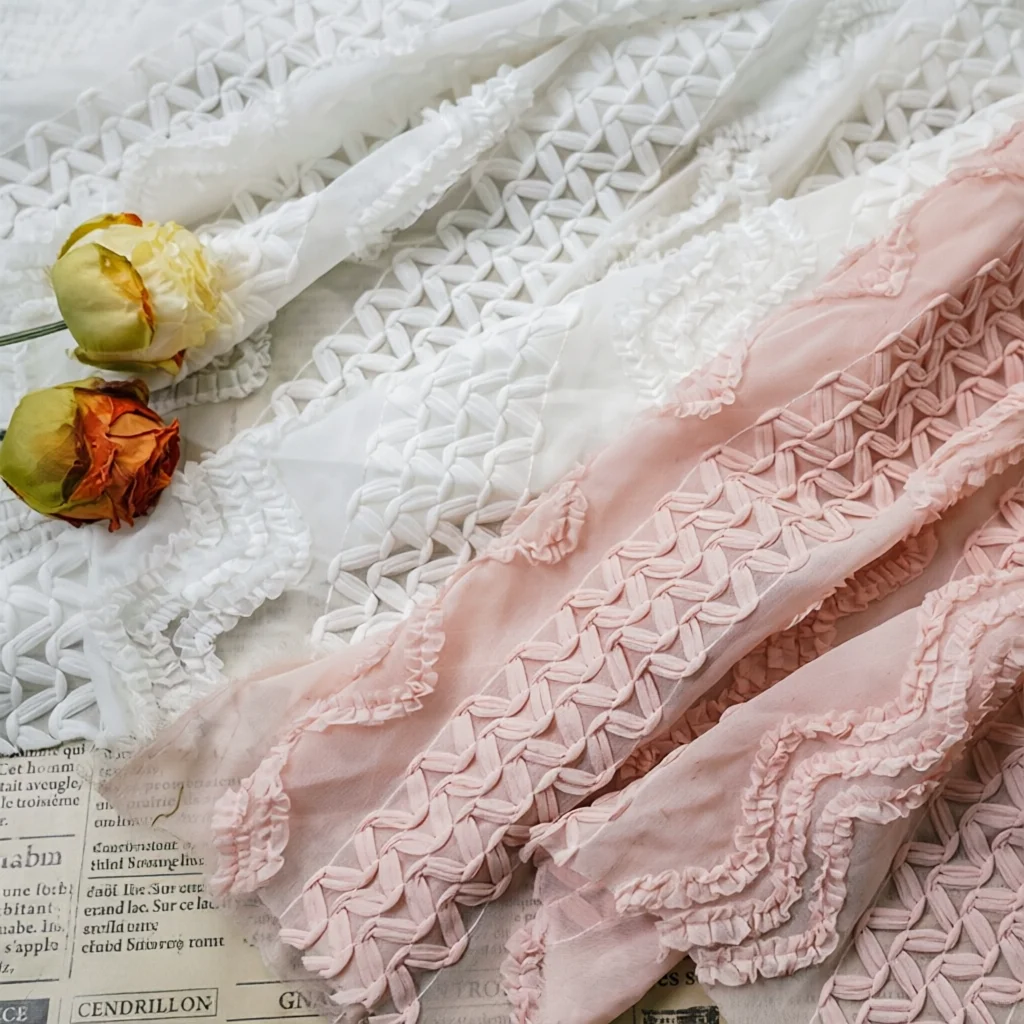 1Yd 135Cm Wide Sweet Geometric Zigzag 3D Pleated Lace Embroidery Fabric Elegant Sheer Chiffon Women Dress Gown Shirt Material
