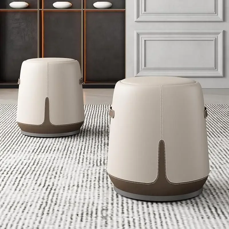 Minimalist Leather Bucket Ottoman Fine Contrast Stitching Side Decor Small Space Entry Shoe Stool Bedroom Vanity Foot Rest Sto