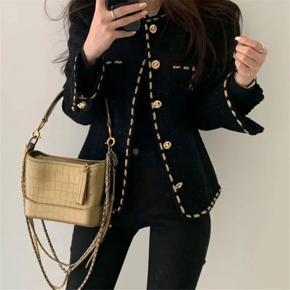 Black Vintage Tweed Jacket Women Elegant Luxury Round Neck Wool Blend Coat Office Ladies Long Sleeve Button Slim Short Outwear