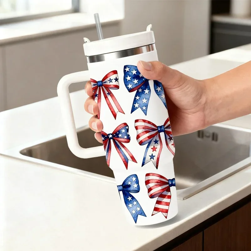 40oz Patriotic American Flag Digital Print Stainless Steel Insulated Tumbler, Star & Red Stripe Decorative Design, Reusable Thermal Cup for Keeping Drinks Hot or Cold, Ideal for Daily Use, Outdoor Commutes & Office