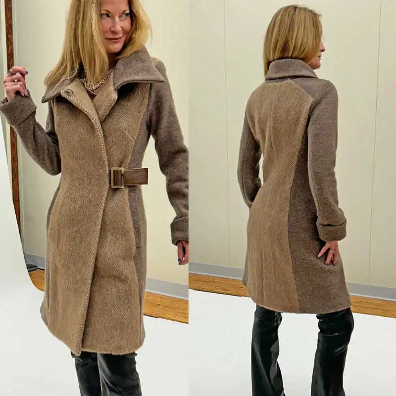 

Patchwork Women Overcoat With Belt Blazer Lapel Long Sleeve Winter Windproof Warm Commute Coat Customized