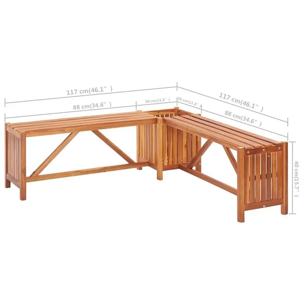46.1 x 46.1 x 15.7 in Acacia Wood Garden Corner Bench, Oiled Finish, Brown, Integrated Planter Box, Modern Outdoor