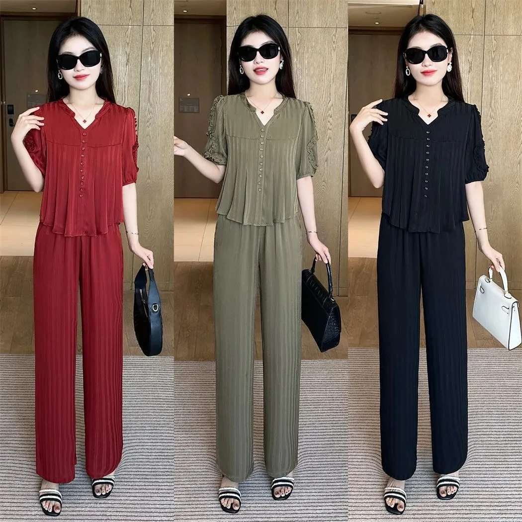 

Short Sleeved Oversized Slimming Stylish Casual Summer Set Korean Version Sun Protection Suit For Women Shirt+Pant Two-Piece Set