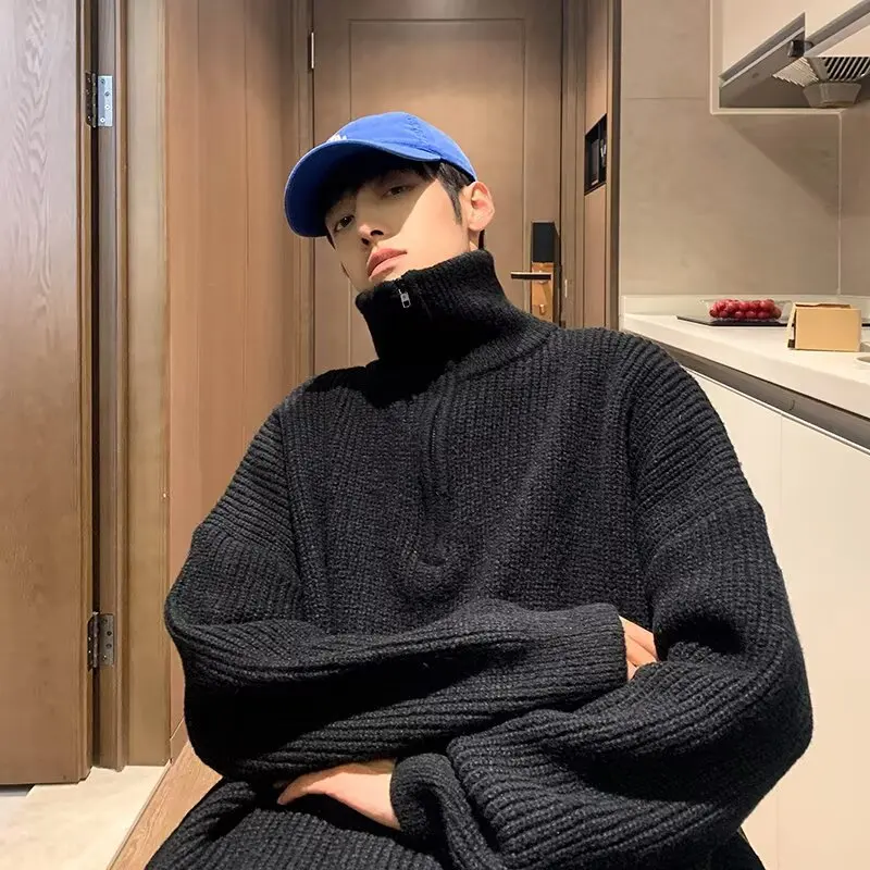 

Thiened тяжелый теплый вязаный свитер с высоким воротником, мужской зимний повседневный длинный пуловер на молнии све, полиэфирное волокно