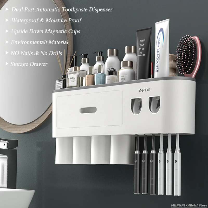 NEW MENGNI-Magnetic Adsorption Inverted Toothbrush Holder Wall -Automatic Toothpaste Squeezer Storage Rack Bathroom Accessories