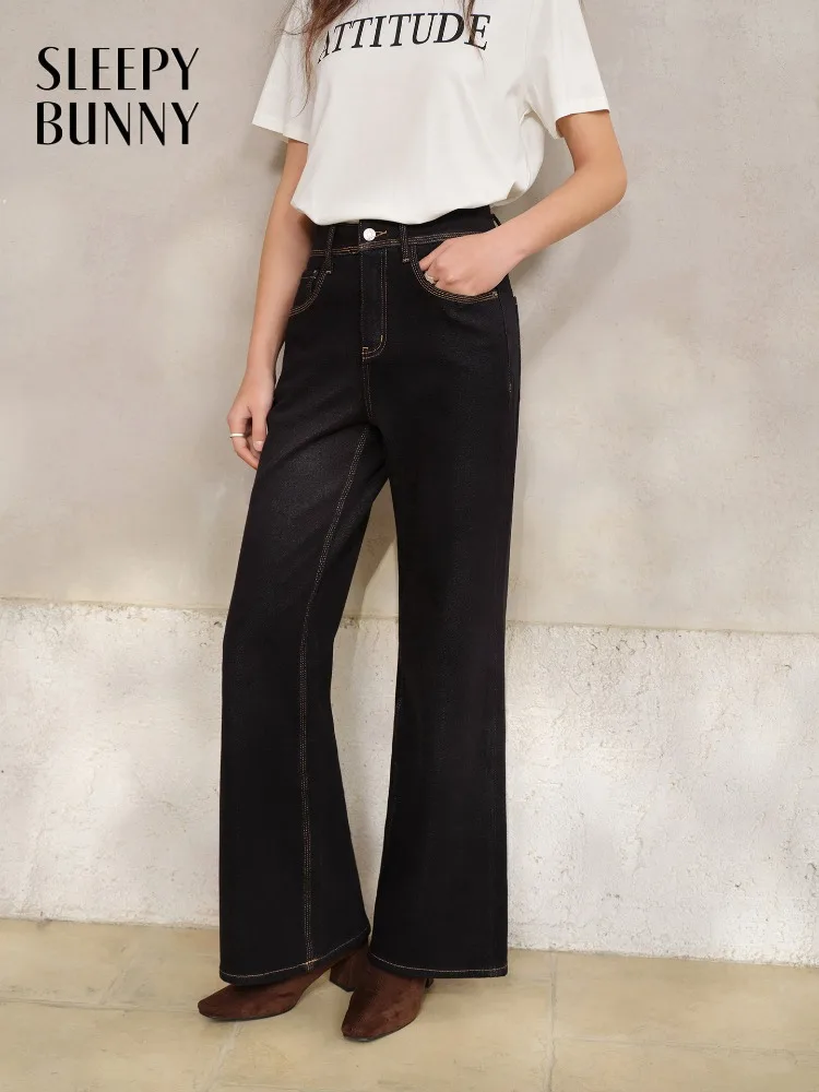 Women Lady High-Waist Vintage Flared Jeans Slim Spring Long Trousers V-Cut Waistline Retro Chic Style Comfortable Daily Wear