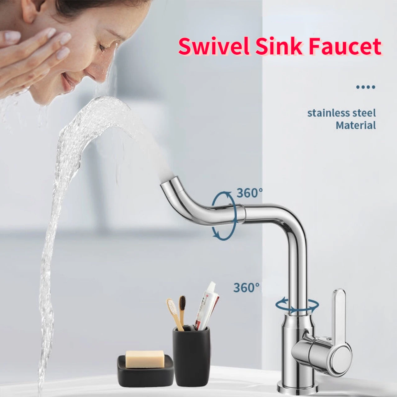 360° Rotatable Basin Faucets Deck Mount Bathroom Basin Sink Faucet Stainless Steel Single Handle Hot and Cold Mixer Bathtub Tap