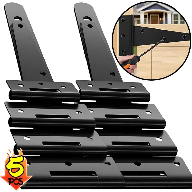 5/1Sets Heavy Duty Black T Shape Iron Hinges Galvanized Door Gate Hardware Hinges Shed Cabinet Barn Room Strap Hinge with Screw