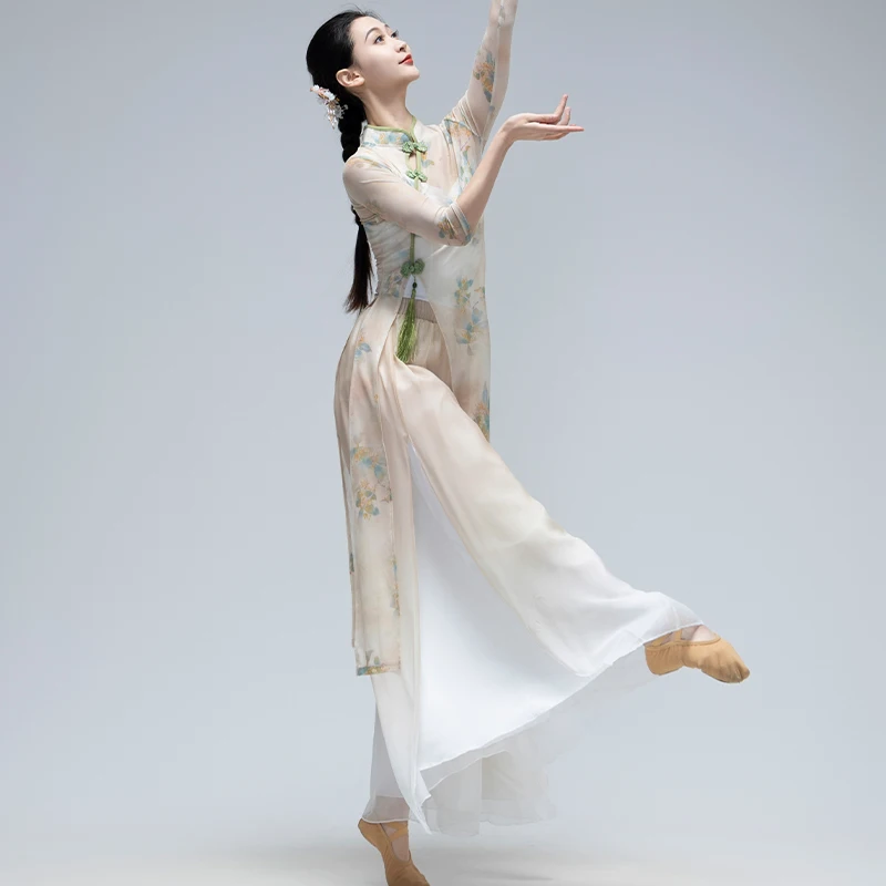전통 중국 무용 의상 빈티지 Qipao 드레스 + 바지 세트 국립 꽃 프린트 민속 무용 무대 공연 의상