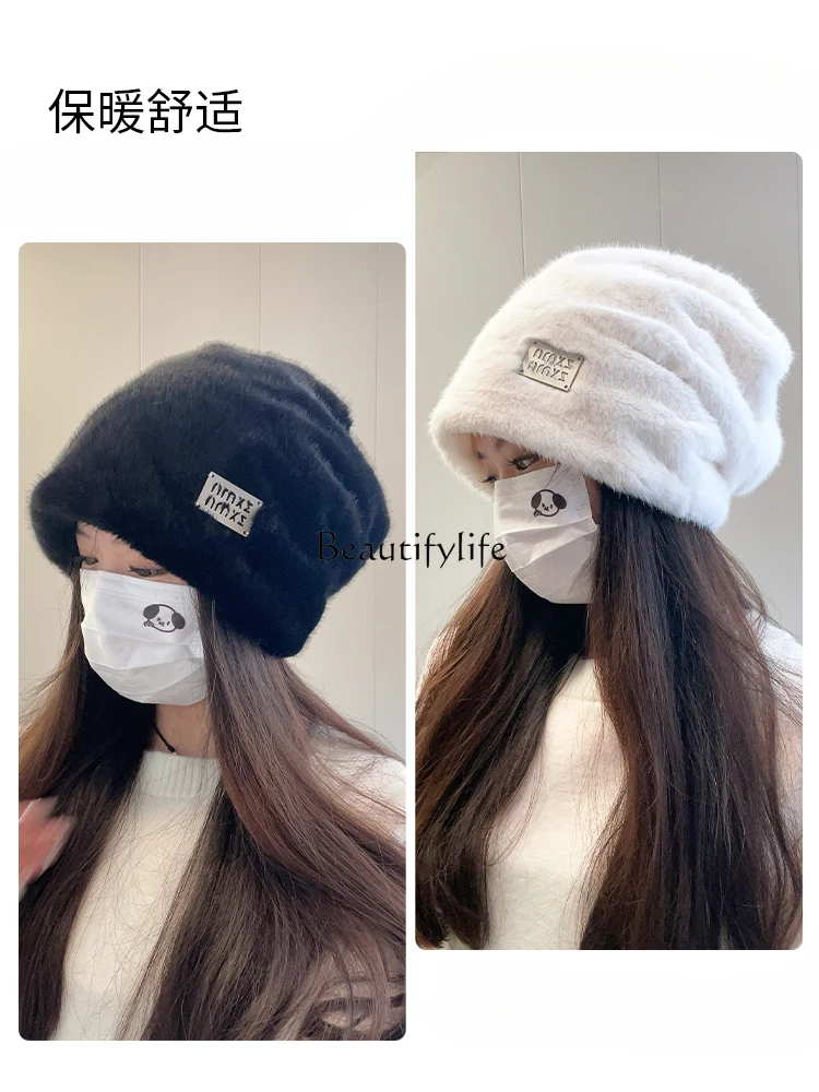 Women's Winter Warm Face Cover Cold-Proof Plush Fisherman Hat Big Head Circumference Show Face Small Fur Pile Heap Cap