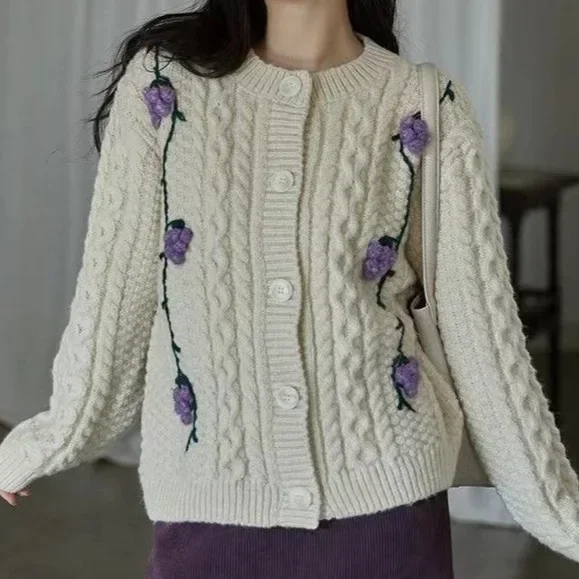 

Lazy Style Women's Knitted Sweater Coat Long Sleeve Twist Carrot Open Cardigan Pink Color Autumn New Arrival Polyester Fiber