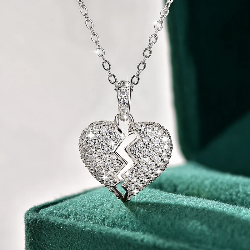 Anziw Cubic Zirconia Broken Heart Pendant Necklace Cracked Heart Iced Out Pendant For Men Women Rock Rap Hip Hop Jewelry Gift