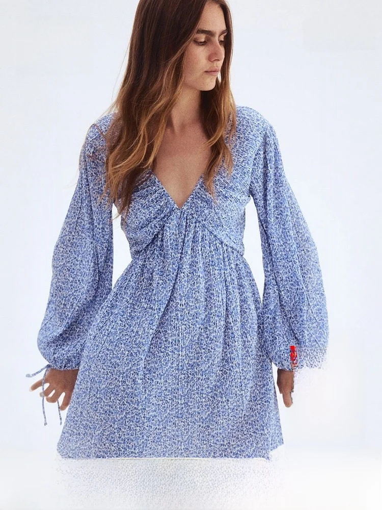 

Женская юбка H&M Dr Spring Beach с V-образным вырезом, плиссированная, с длинными рукавами, с цветочным принтом, в стиле фейри, из полиэстера, А-силуэт