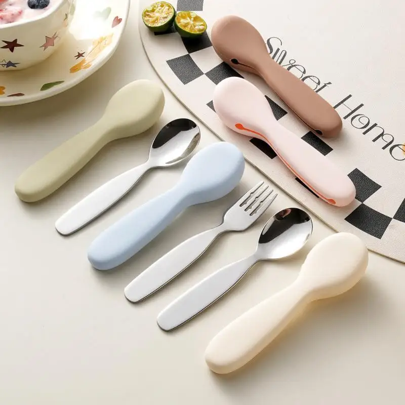 Stainless Steel Toddler Spoon And Fork Set BPA Free Silicone Storage Cases For Kids Self Feeding Home Travel Use