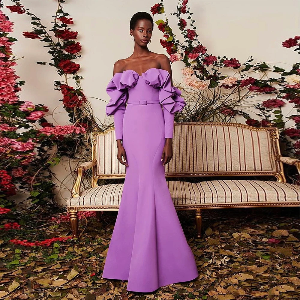 

Off The Shoulder Evening Dress for Woman Lilac Customized 3/4 Sleeves Ruffles Mermaid Floor Length Formal Party Dresses 2026