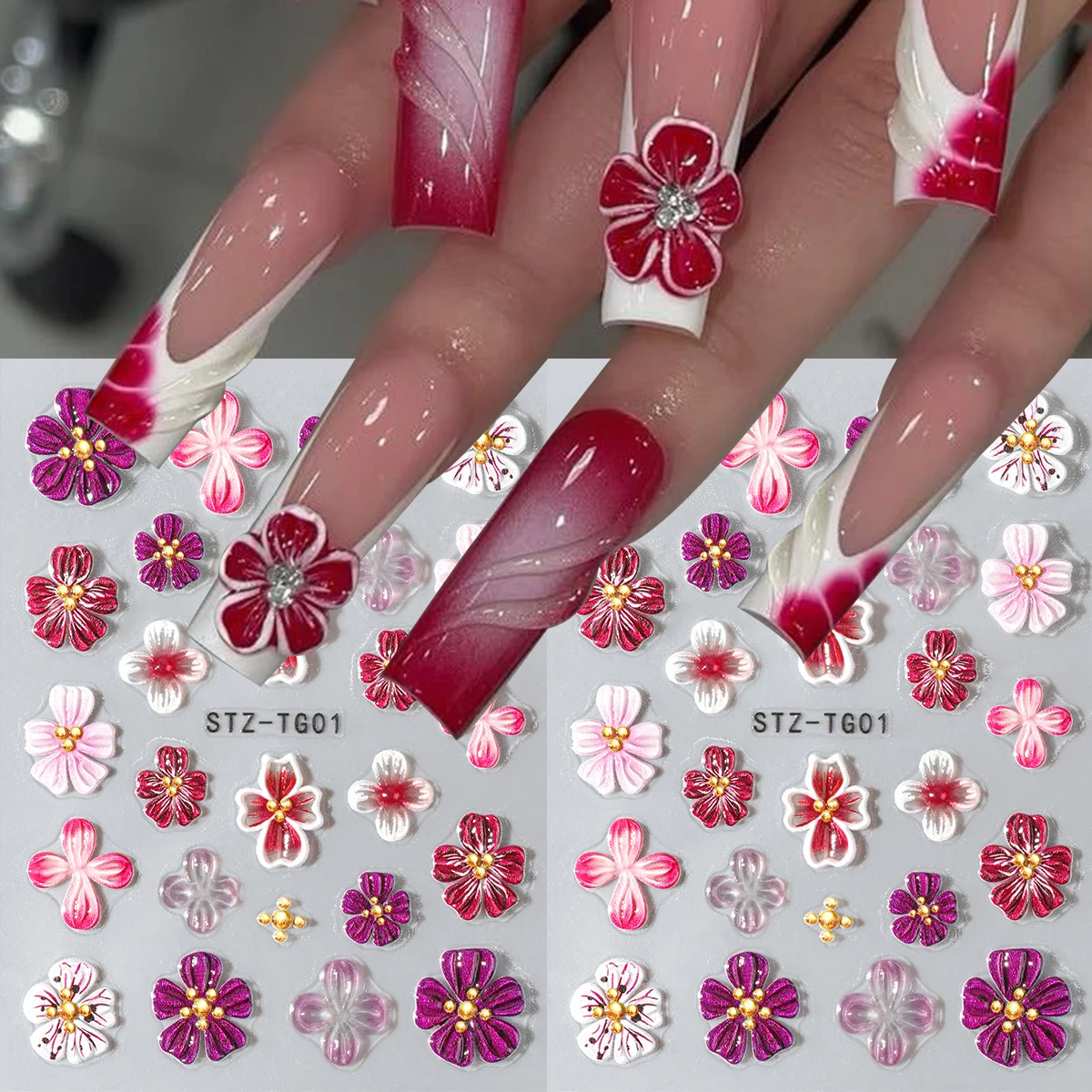 2 Stück Rosa-Lila Hibiskus-Lilien-Blumen Weiche Gel-Nagelaufkleber Feenhafte Orchidee Transparente Blütenblätter Gravierte Slider-Aufkleber