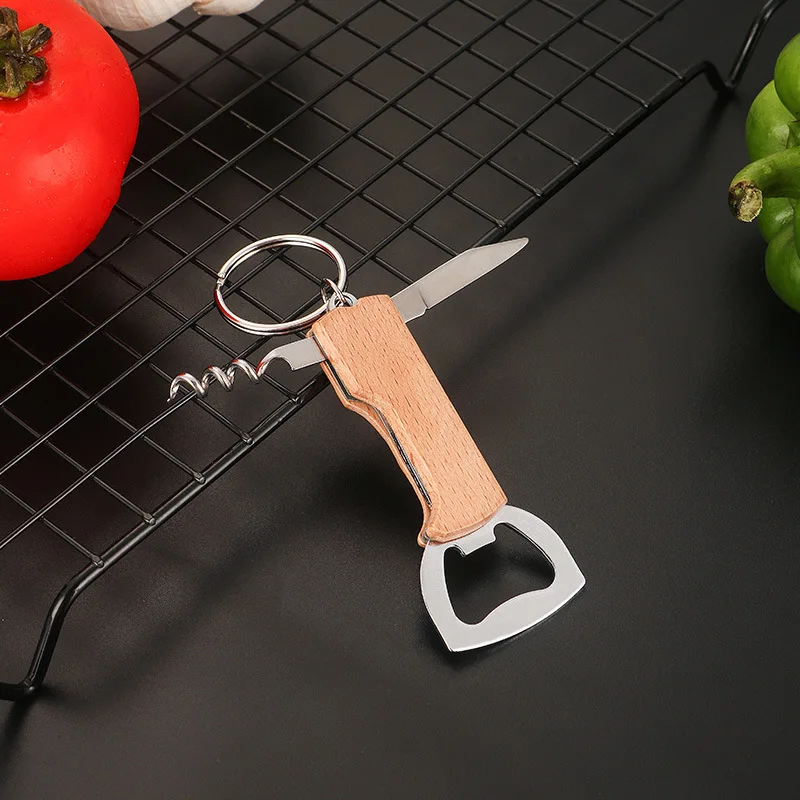 Creative Keychain Beer Bottle Opener Stainless Steel Multifunctional Wooden Handle Corkscrew Wine Opener Bar Party Accessories