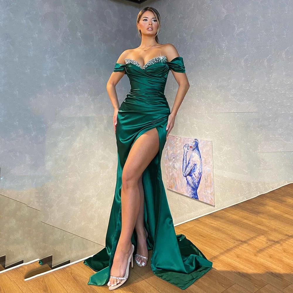 

Customized Emerald Green Beaded Off Shoulder Sweetheart Mermaid Evening Gowns Dubai Satin Sexy Side Split Party Dress Prom Dress